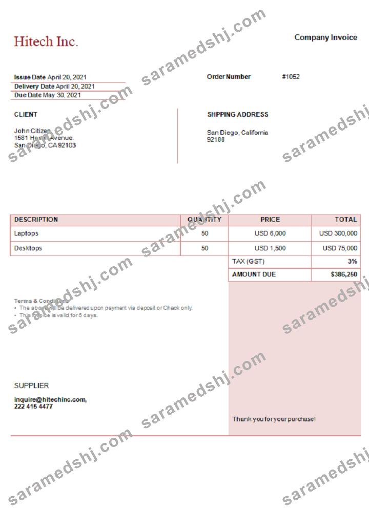 USA Hitech Inc. invoice